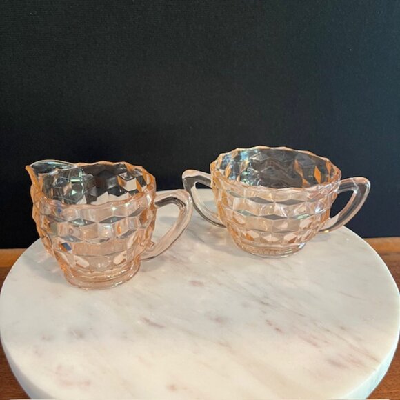 Pink Depression Glass Cubist Jeanette Mid Century MCM Sugar and Creamer - Picture 3 of 10
